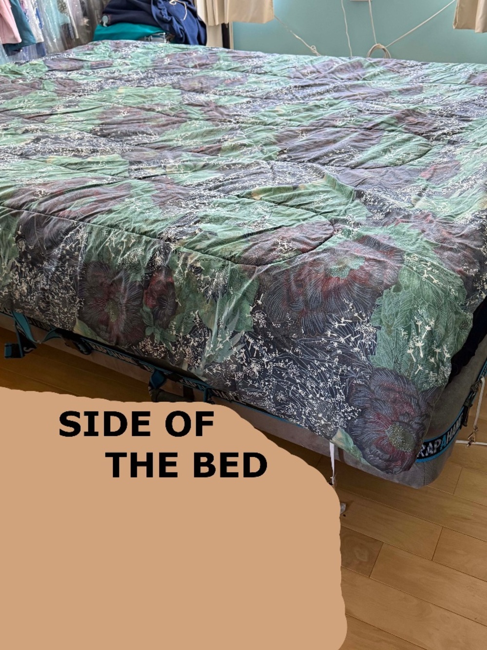 COMFORTER, QUEEN SIZE, GREENS PURPLES WHITE MIX, USED ONCE, NO DAMAGE